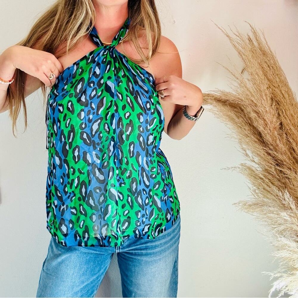 VINTAGE INC Blue Green Black Animal Print Silk Halter Neck Tie Tank Top Blouse 8
